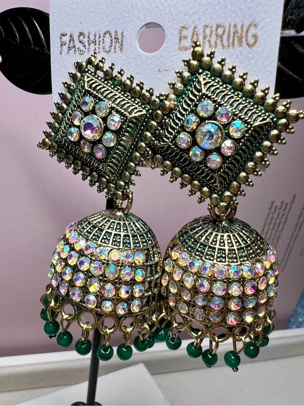 Gold-Tone Green Beaded Jhumka Earrings with Aurora Rhinestones